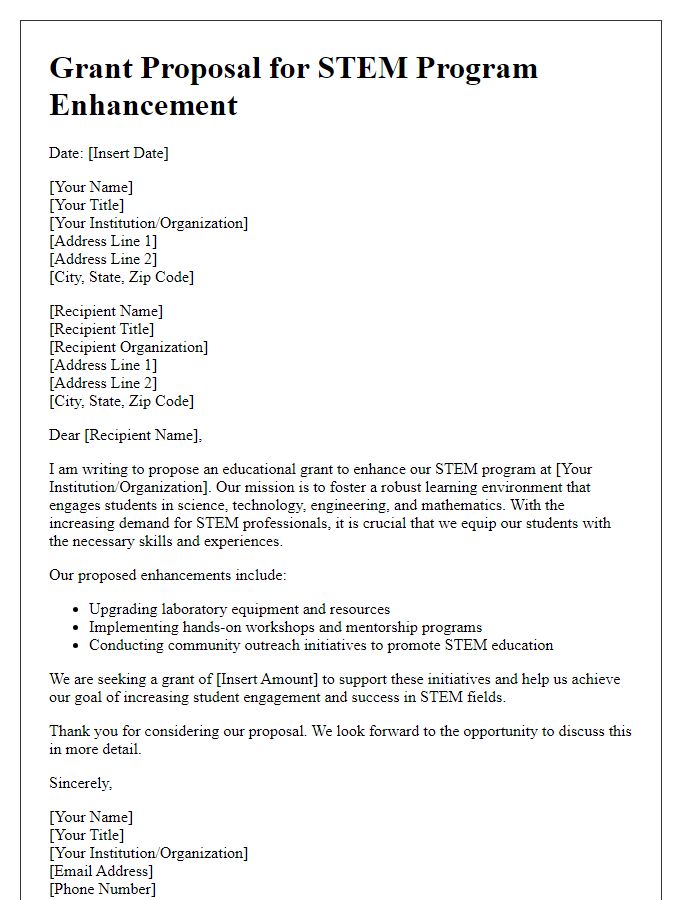 Letter template of educational grant proposal for STEM program enhancement.