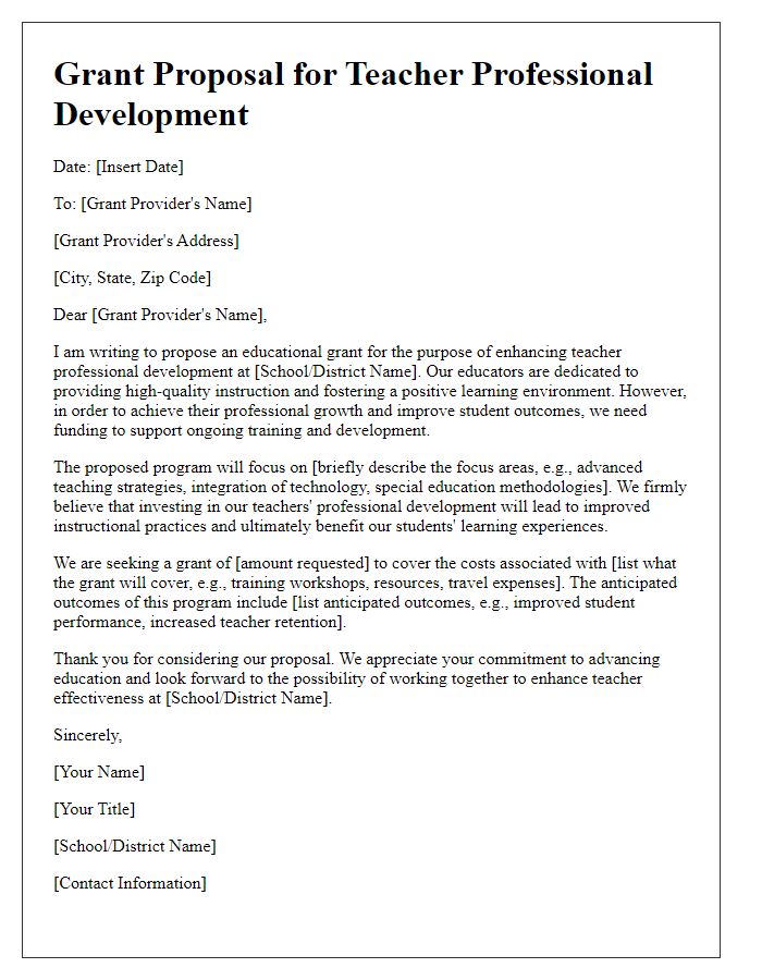 Letter template of educational grant proposal for teacher professional development.