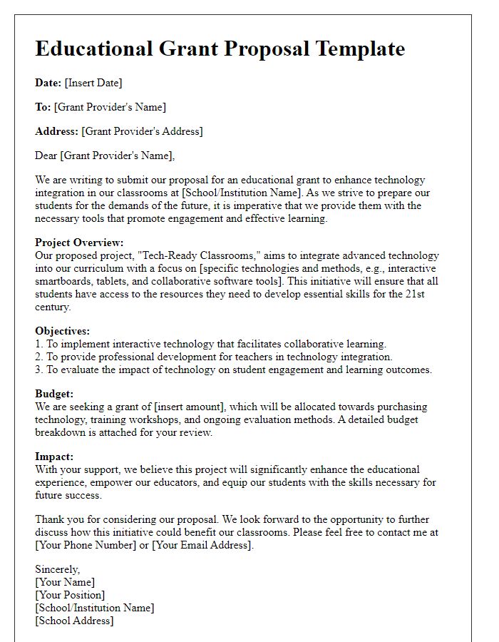 Letter template of educational grant proposal for technology in classrooms.