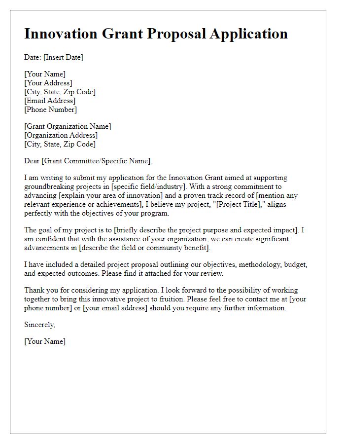 Letter template of application for innovation grant proposal