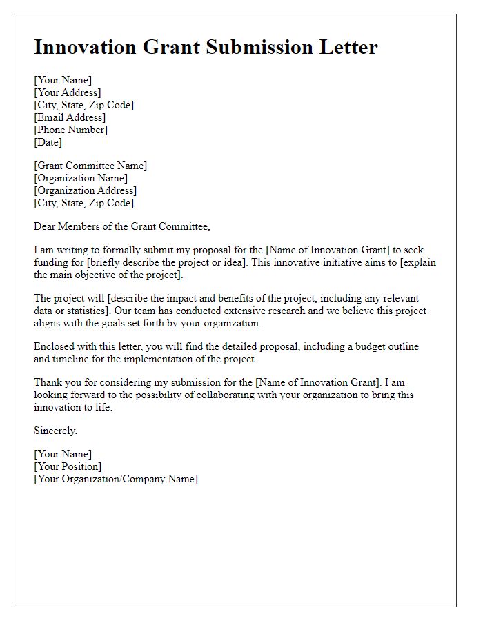 Letter template of submission for innovation grant consideration