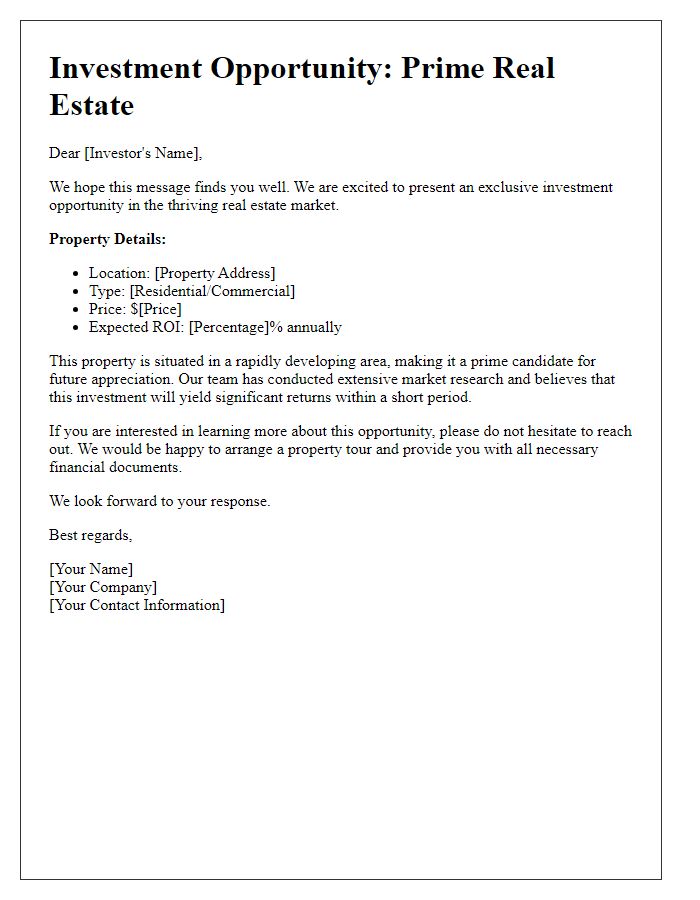 Letter template of real estate investment opportunities