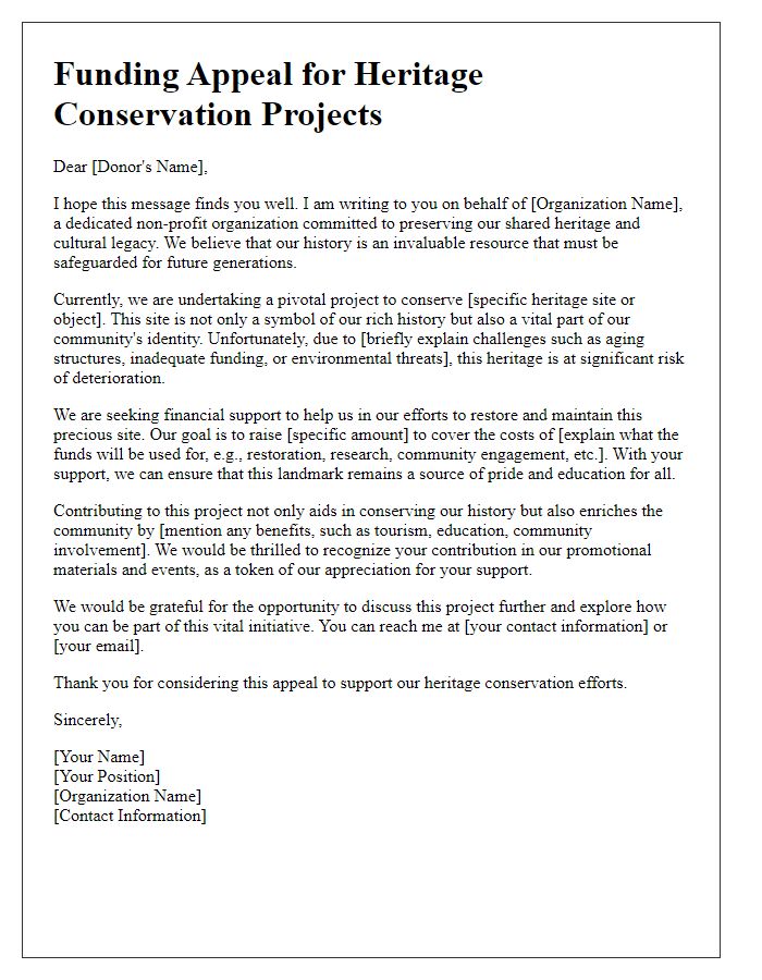 Letter template of funding appeal for heritage conservation projects