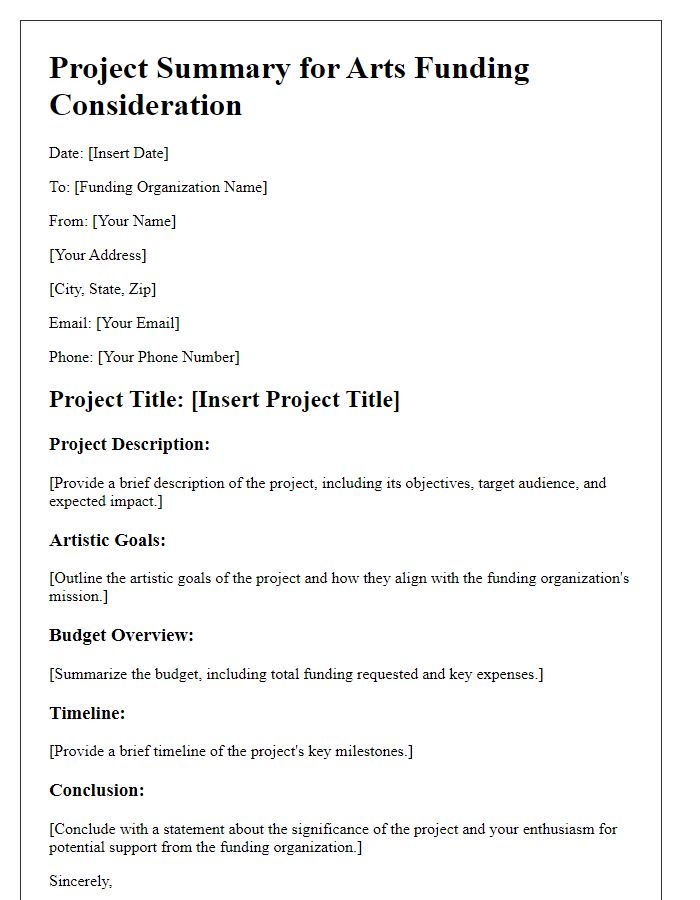 Letter template of project summary for arts funding consideration