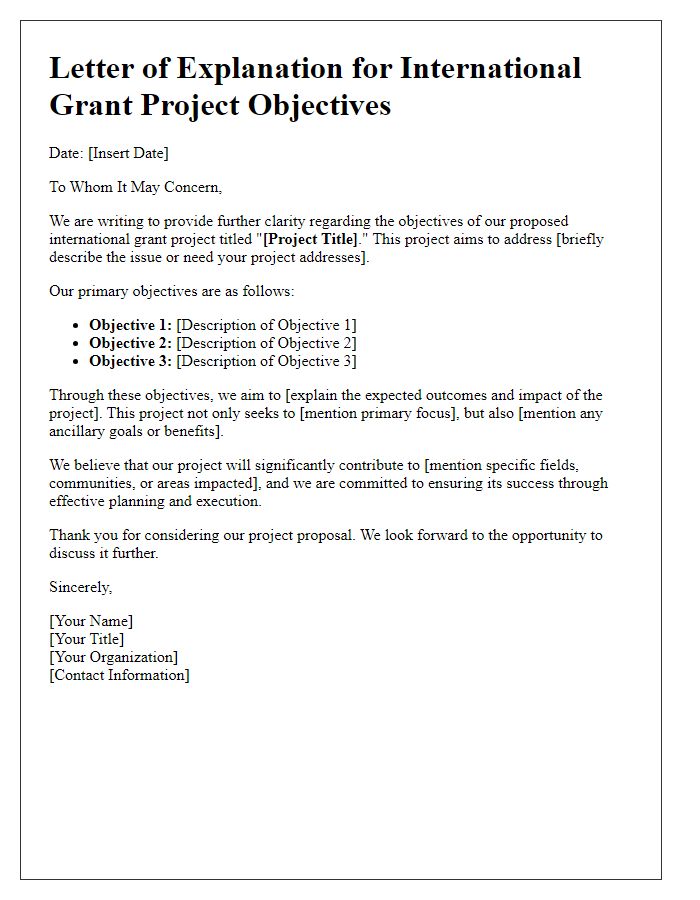 Letter template of explanation for international grant project objectives