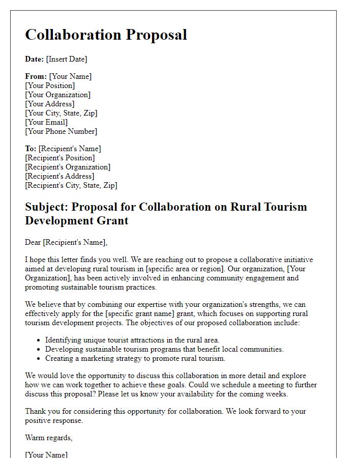 Letter template of collaboration proposal for rural tourism development grant.