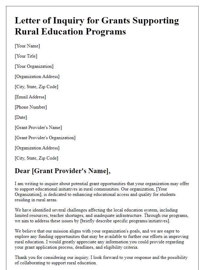 Letter template of inquiry for grants supporting rural education programs.