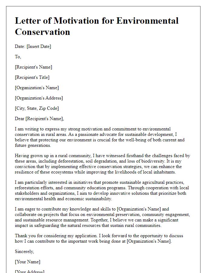 Letter template of motivation for environmental conservation in rural areas.