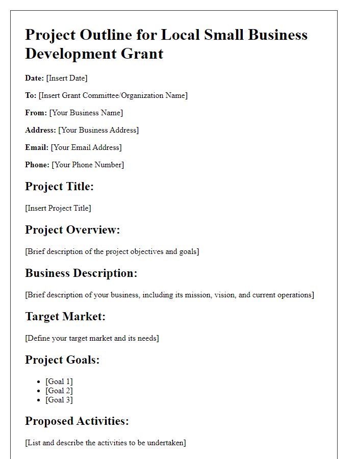 Letter template of project outline for local small business development grant.