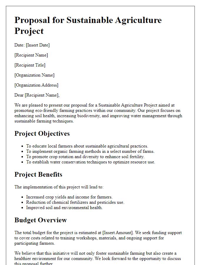 Letter template of proposal for sustainable agriculture project.