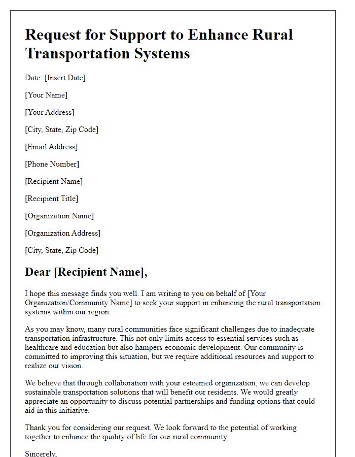 Letter template of support request for enhancing rural transportation systems.