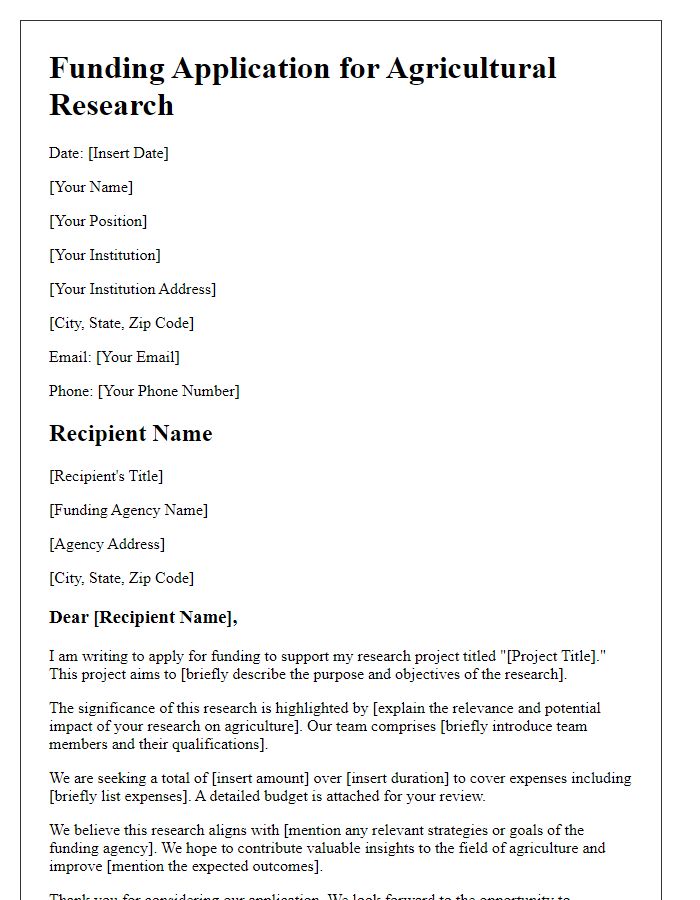 Letter template of agricultural research funding application