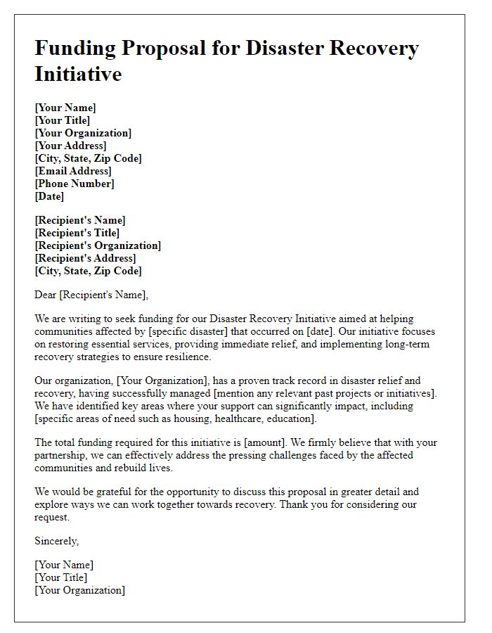 Letter template of funding proposal for disaster recovery initiative