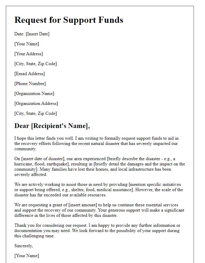 Letter template of request for natural disaster support funds