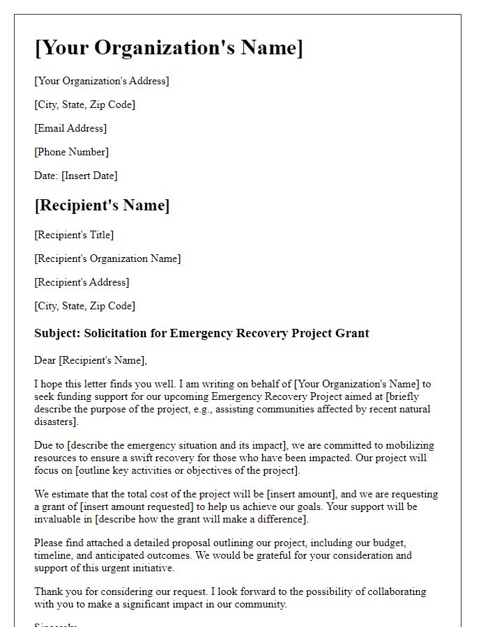 Letter template of solicitation for emergency recovery project grant