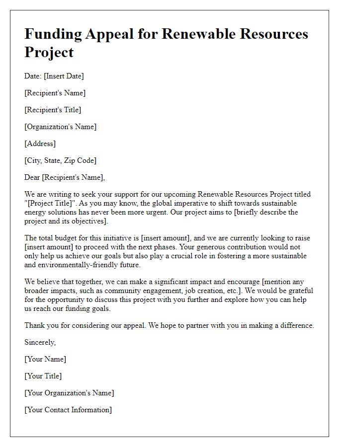 Letter template of funding appeal for renewable resources project