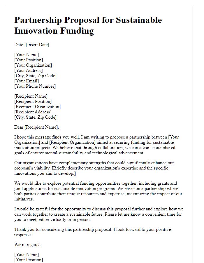 Letter template of partnership proposal for sustainable innovation funding