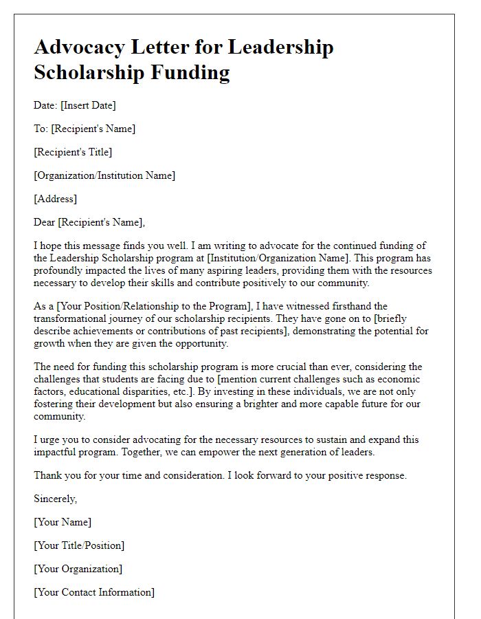 Letter template of advocacy for leadership scholarship funding