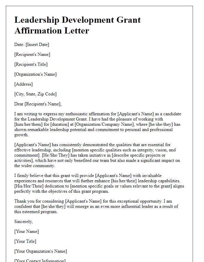 Letter template of affirmation for leadership development grant