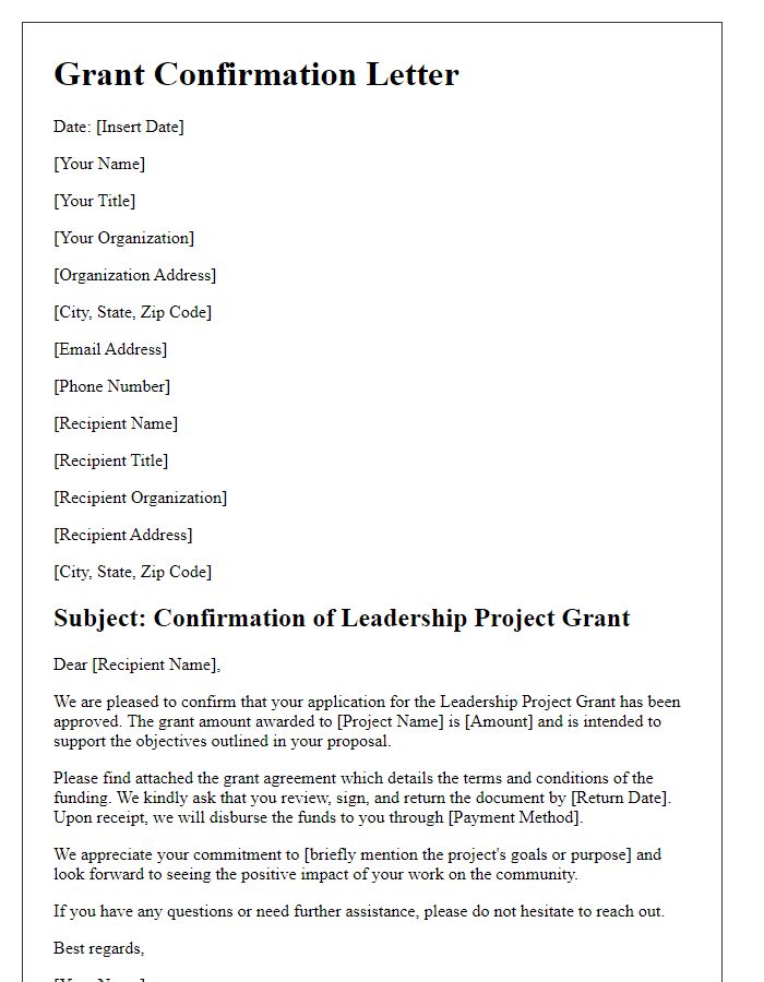 Letter template of confirmation for leadership project grant