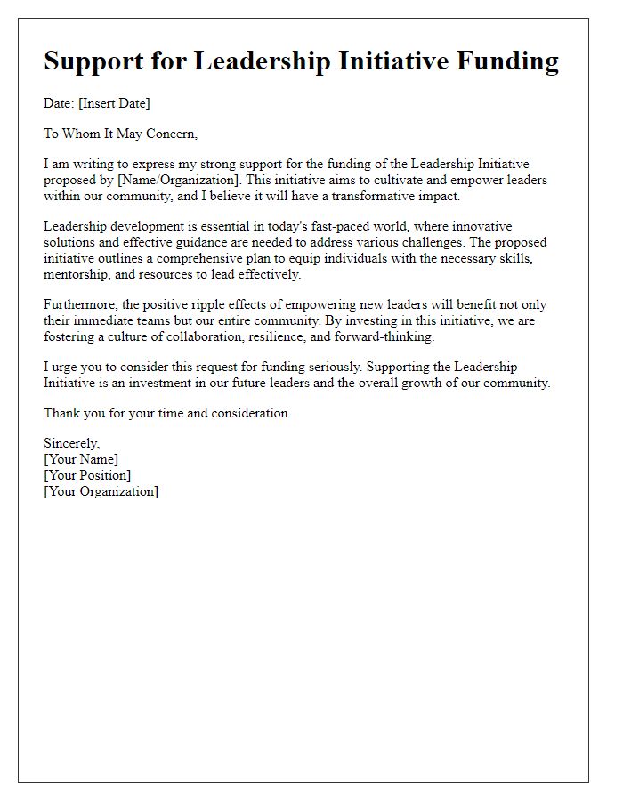 Letter template of encouragement for leadership initiative funding