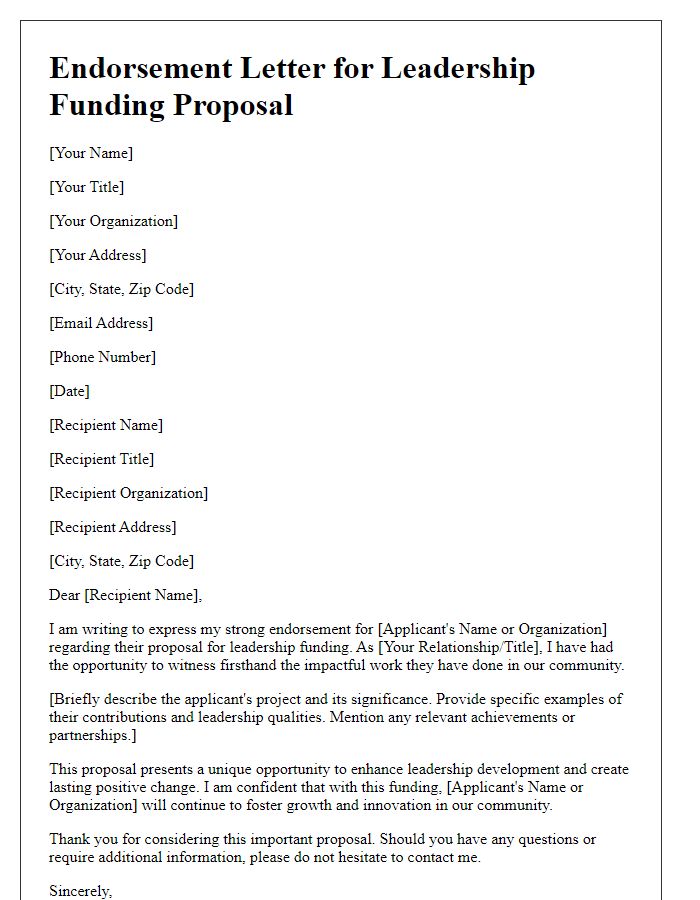 Letter template of endorsement for leadership funding proposal