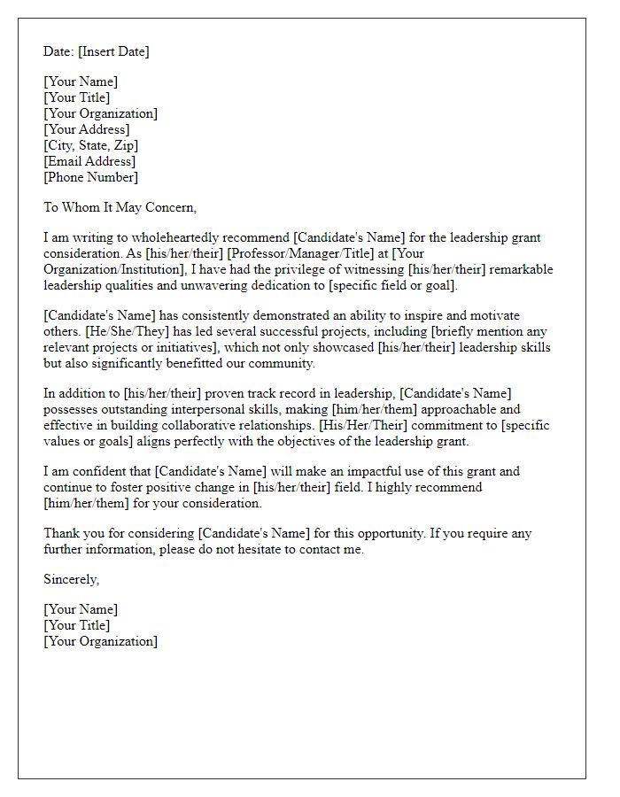 Letter template of recommendation for leadership grant consideration