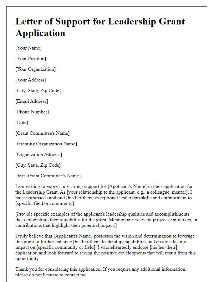 Letter template of support for leadership grant application