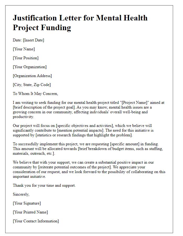 Letter template of justification for mental health project funding