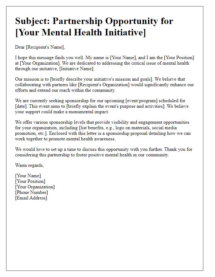 Letter template of outreach for mental health initiative sponsorship