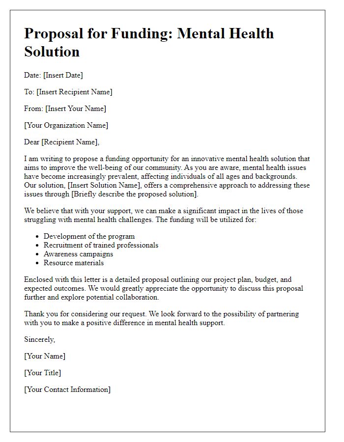 Letter template of presentation for funding a mental health solution