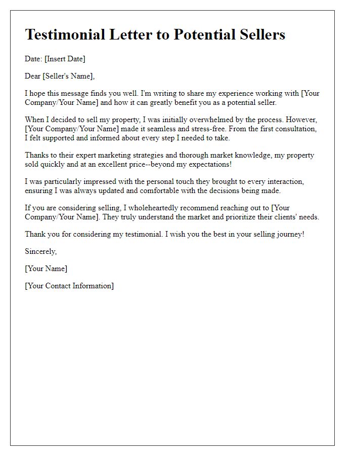 Letter template of testimonial sharing to appeal to potential sellers