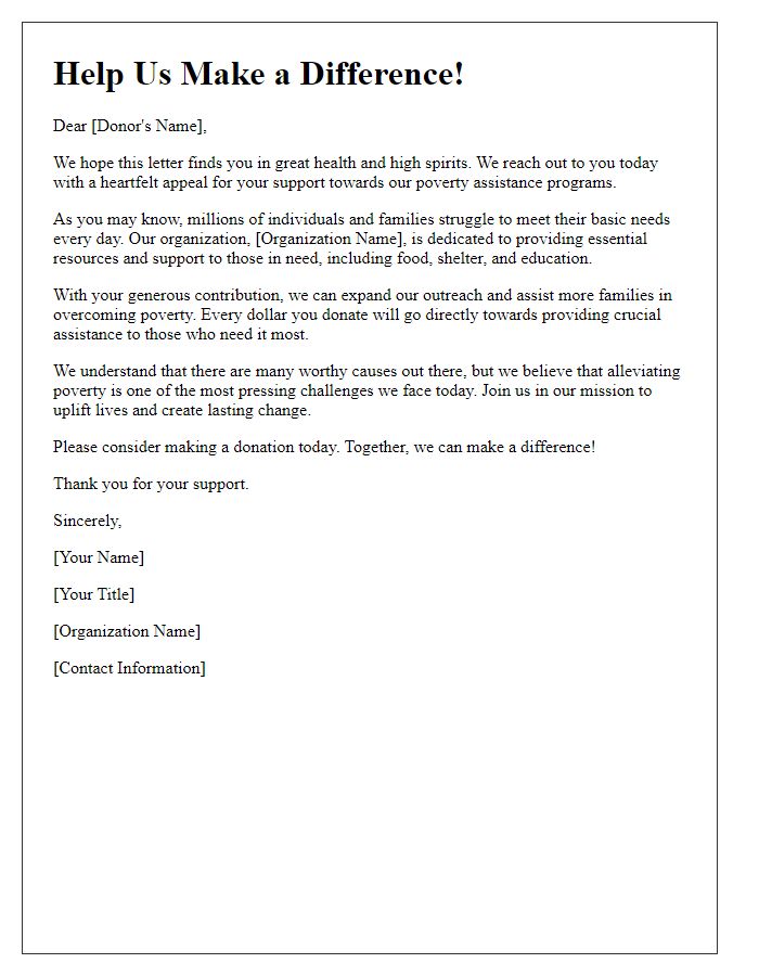 Letter template of appeal for donations for poverty assistance programs