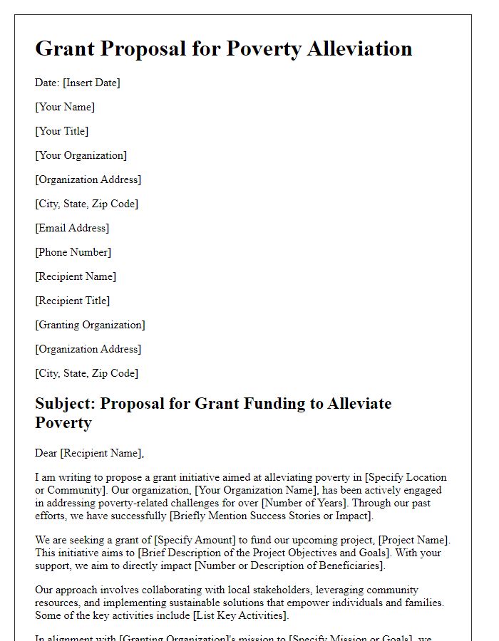 Letter template of proposal for grants aimed at alleviating poverty