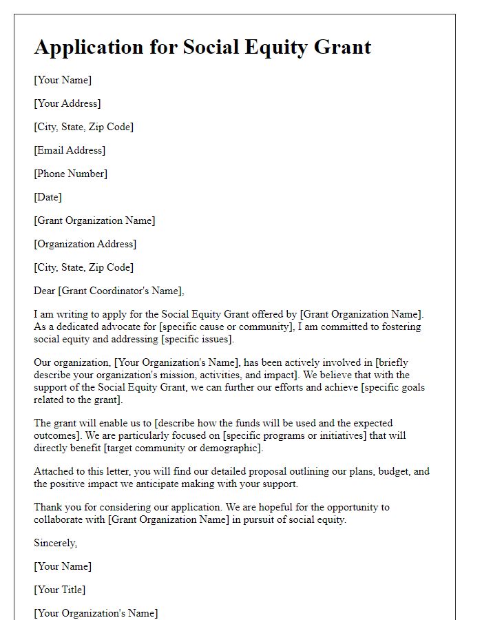 Letter template of application for social equity grant