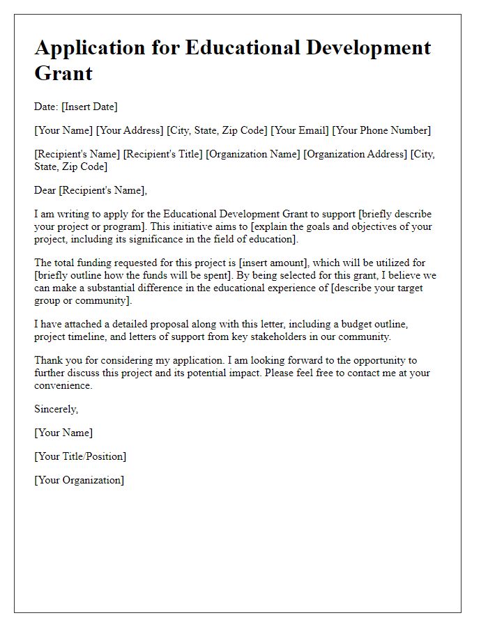 Letter template of application for educational development grant