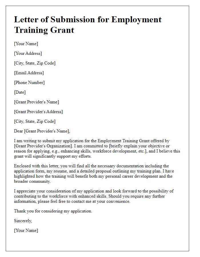 Letter template of submission for employment training grant