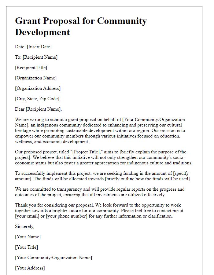 Letter template of indigenous grant proposal for community development.