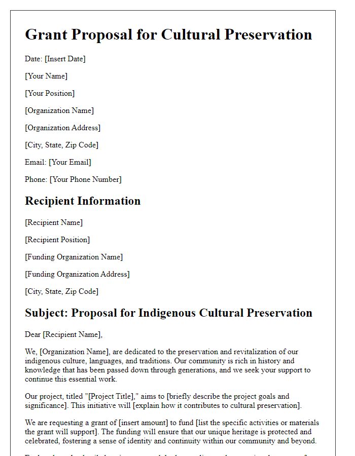 Letter template of indigenous grant proposal for cultural preservation.