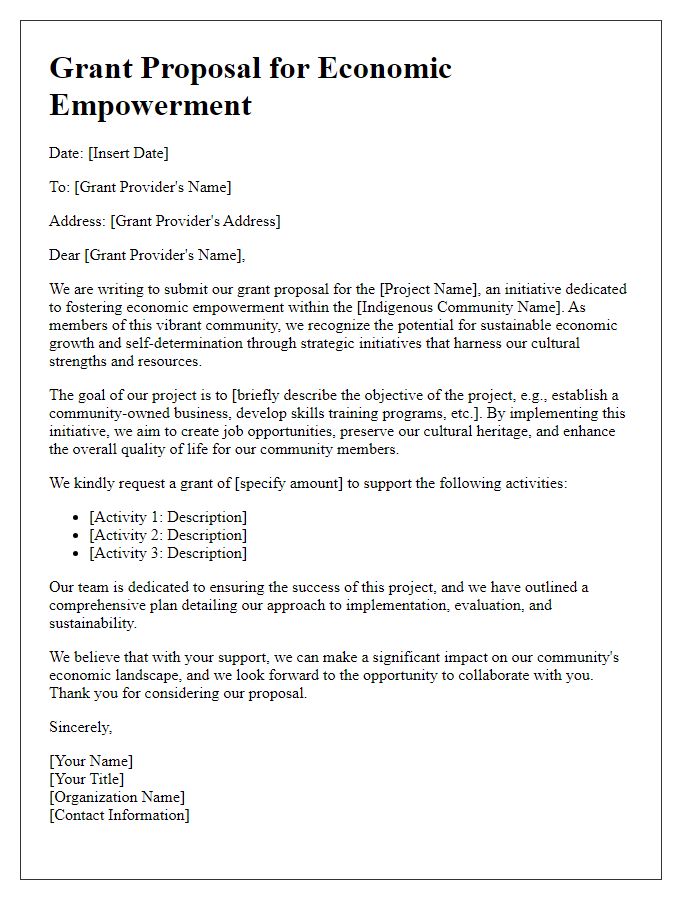 Letter template of indigenous grant proposal for economic empowerment.