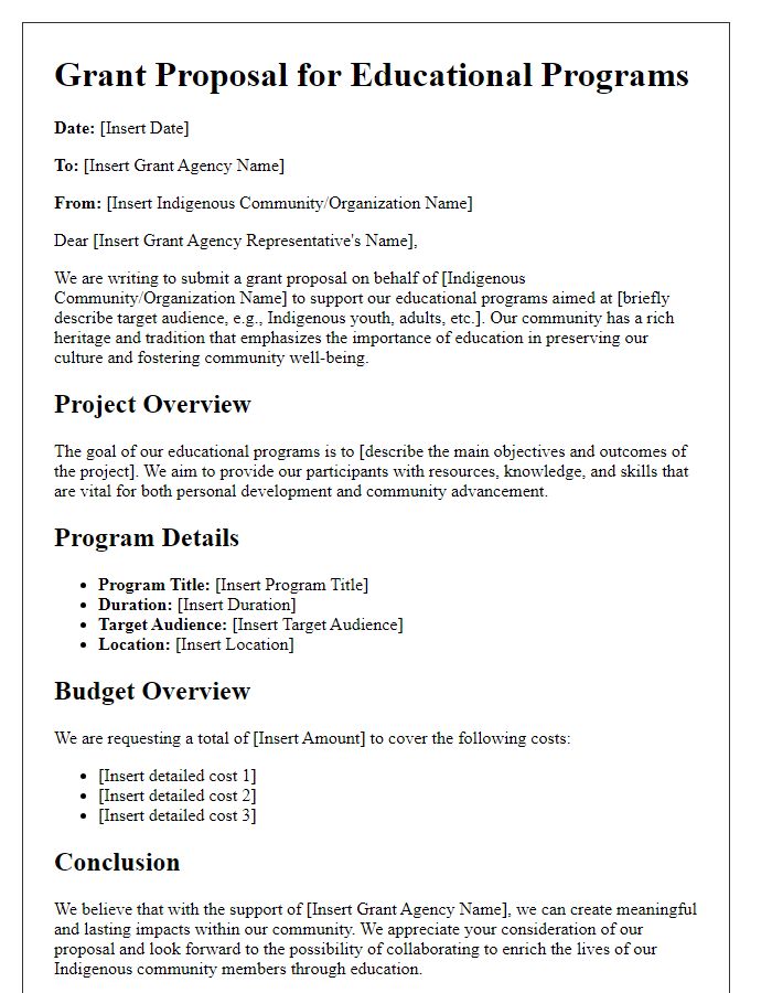 Letter template of indigenous grant proposal for educational programs.