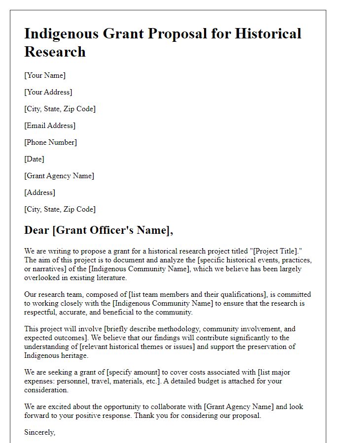 Letter template of indigenous grant proposal for historical research.