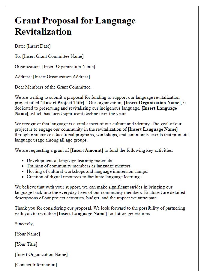 Letter template of indigenous grant proposal for language revitalization.