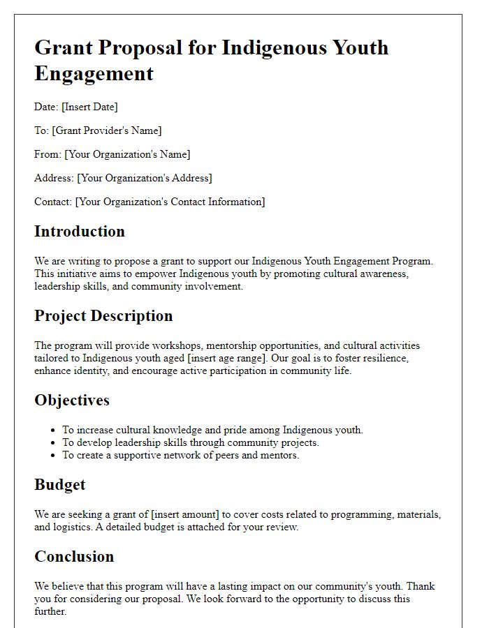 Letter template of indigenous grant proposal for youth engagement.