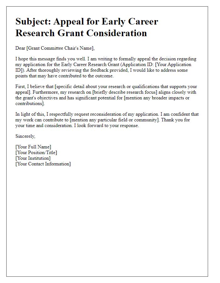 Letter template of appeal for early career research grant consideration.