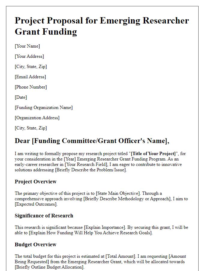 Letter template of project proposal for emerging researcher grant funding.