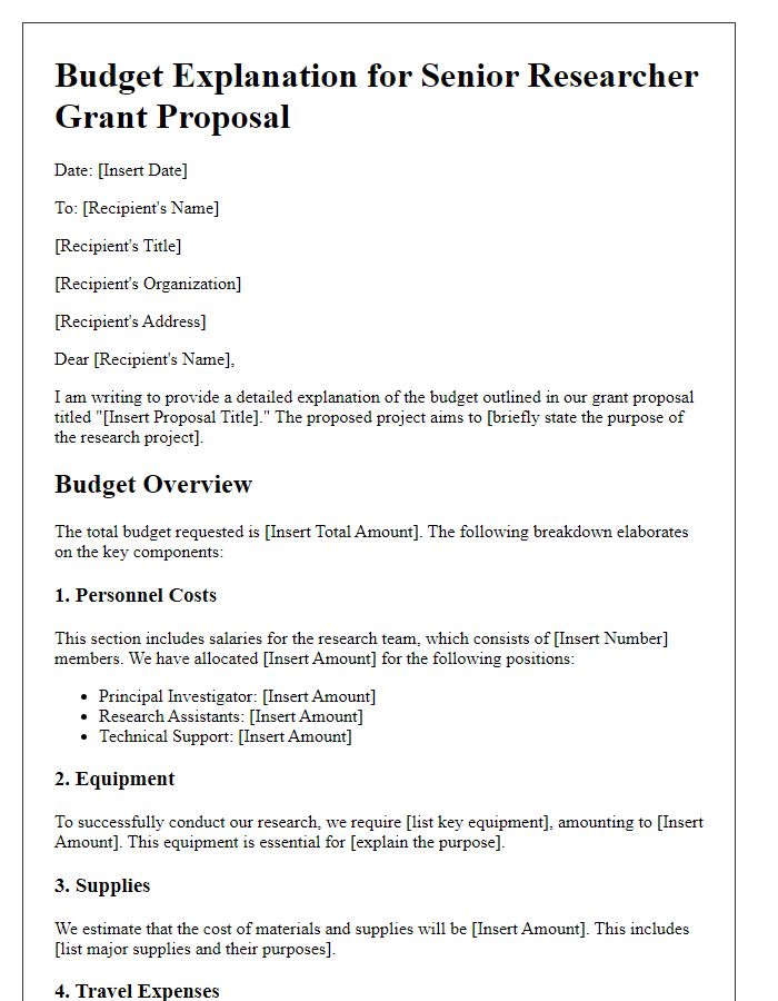 Letter template of budget explanation for senior researcher grant proposal