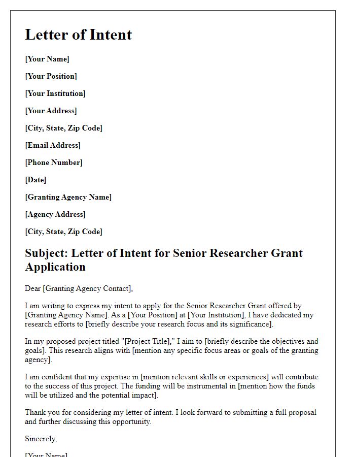 Letter template of intent for senior researcher grant application