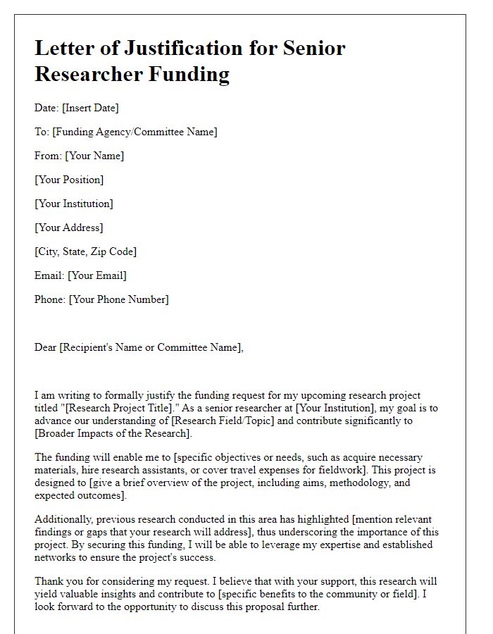 Letter template of justification for senior researcher research funding