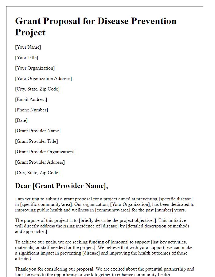 Letter template of grant proposal for disease prevention project